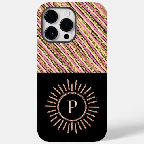 Elegant Monogram Modern Stripes Yellow Gold Black Case_Mate iPhone 14 Pro Max Case