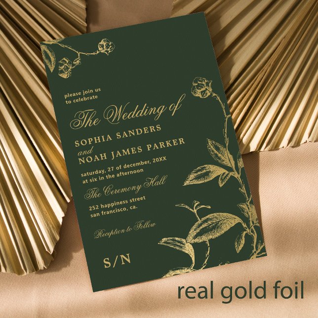 Elegant monogram modern wedding dark green gold foil invitation (Creator Uploaded)