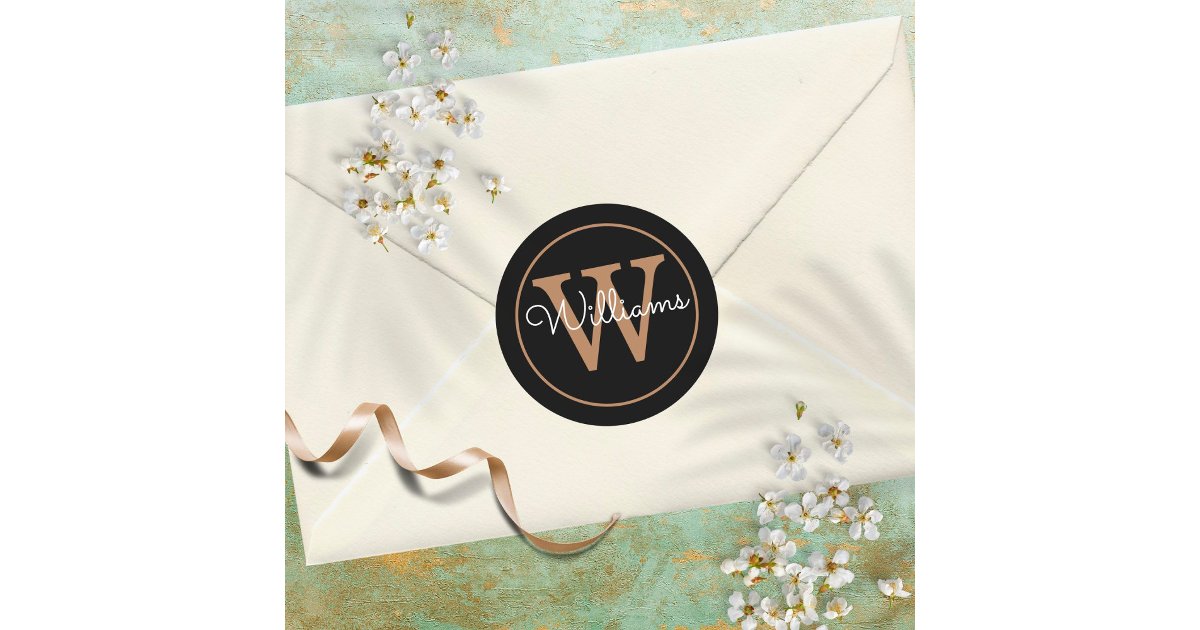 Elegant Monogram Name Black And Gold Classic Round Sticker | Zazzle