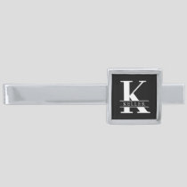 Elegant Monogram | Name Black and White Silver Finish Tie Bar