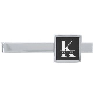Elegant Monogram | Name Black and White Silver Finish Tie Bar