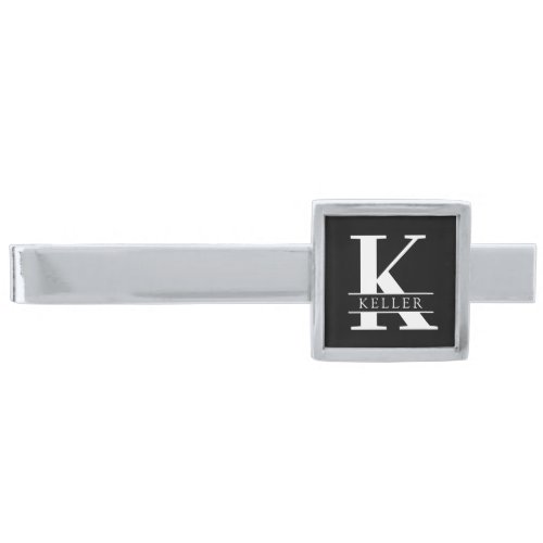 Elegant Monogram  Name Black and White Silver Finish Tie Bar