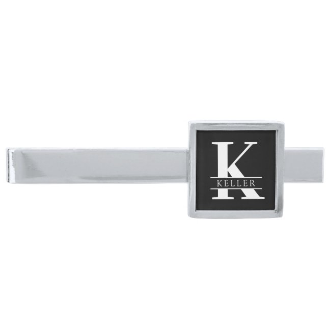 Elegant Monogram | Name Black and White Silver Finish Tie Bar (Front)