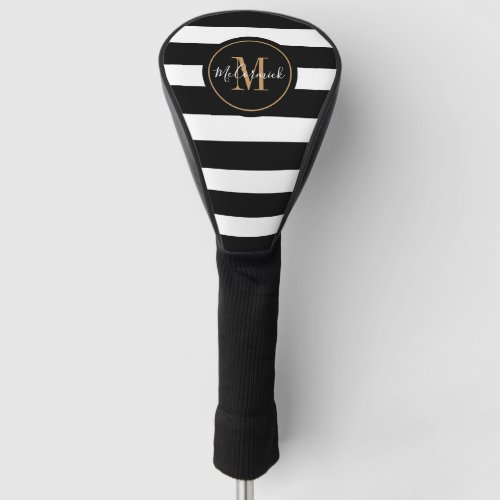 Elegant Monogram Name Black and White Stripes Golf Head Cover