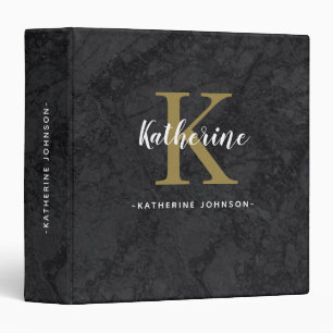 Elegant Monogram Name Black Gold Marble Script 3 Ring Binder