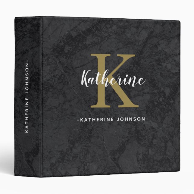 Elegant Monogram Name Black Gold Marble Script 3 Ring Binder (Front/Spine)