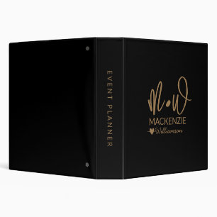 Elegant Monogram Name Black Gold Script Business  3 Ring Binder