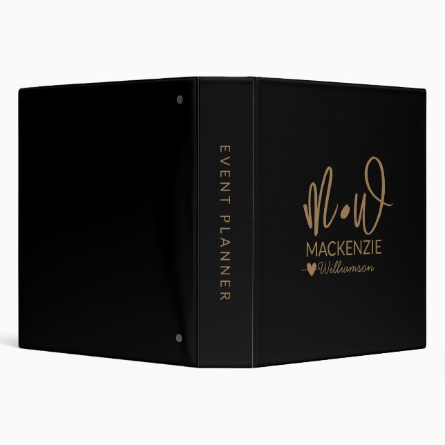 Elegant Monogram Name Black Gold Script Business  3 Ring Binder (Background)