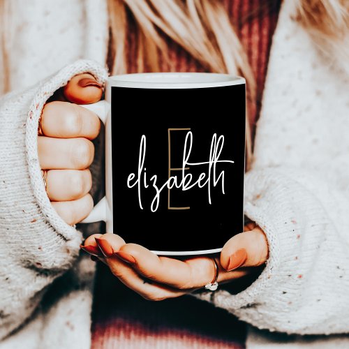 Elegant Monogram Name Black Gold Script Coffee Mug