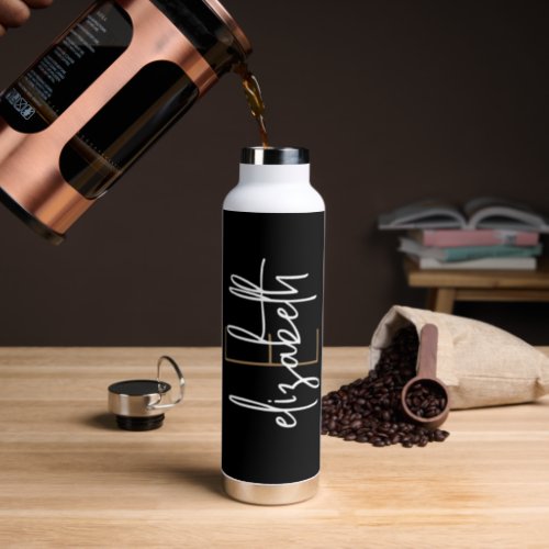 Elegant Monogram Name Black Gold Script Water Bottle