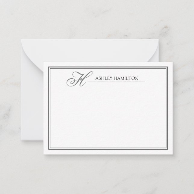 Elegant Monogram Name Black Grey Note Card (Front)
