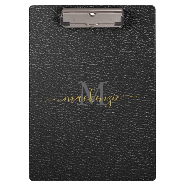 Elegant Monogram Name Black Leather Style Clipboard (Front)
