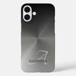 Elegant Monogram Name Black Ombre Faux Metal iPhone 16 Plus Case
