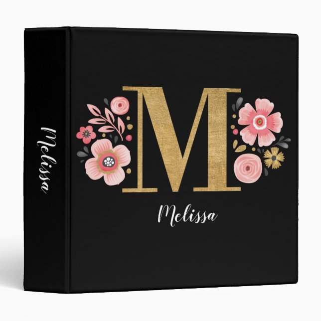 Elegant Monogram Name Black Pink Floral Script 3 Ring Binder (Front/Spine)