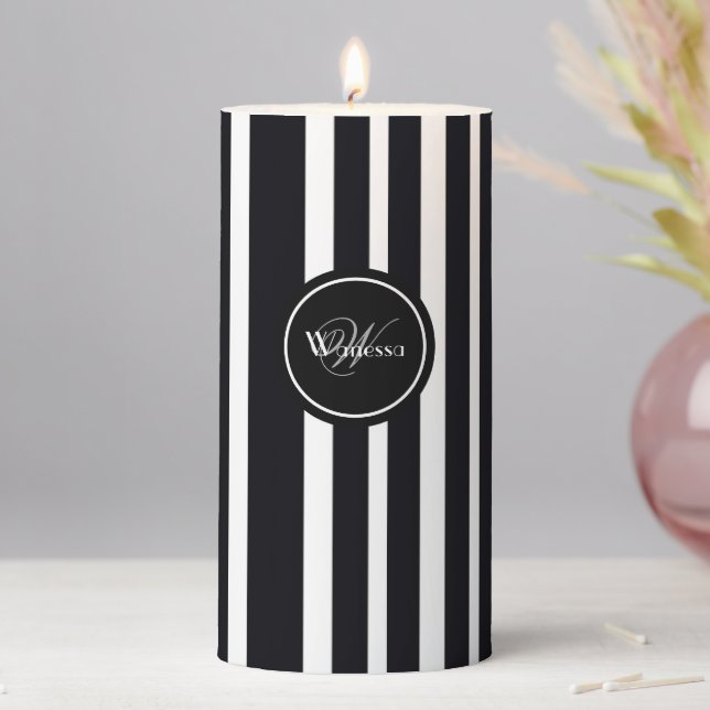 Elegant Monogram + Name Black & White Art Form  Pillar Candle (In Situ)