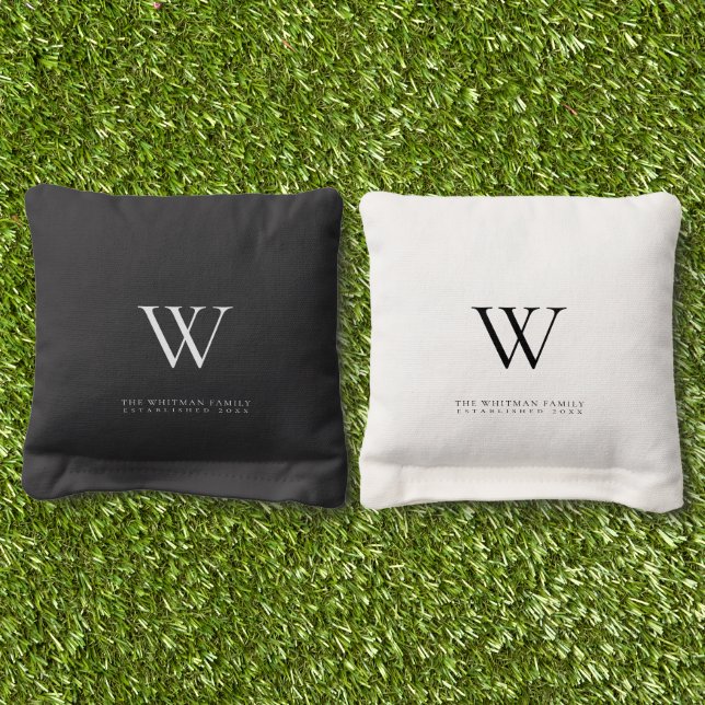 Elegant Monogram Name Black & White Family Cornhole Bags (Grass)