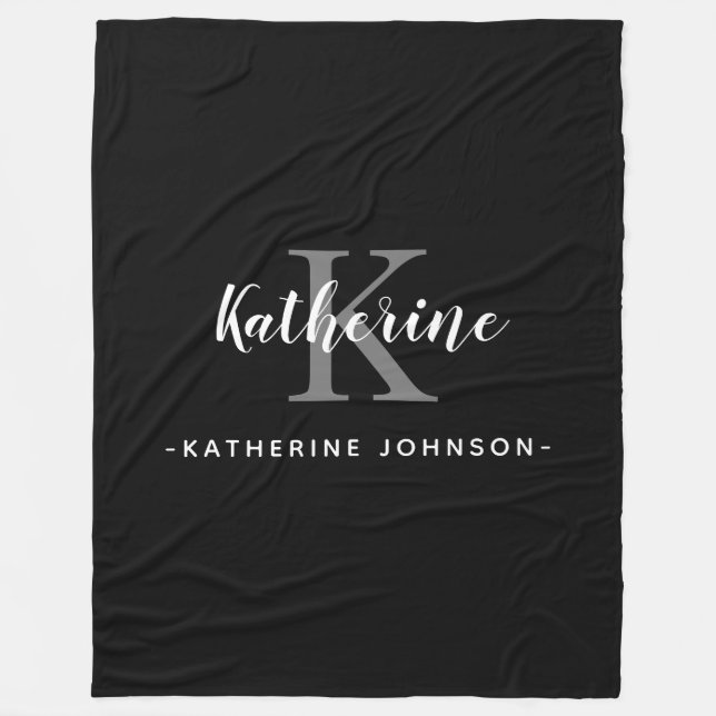 Elegant Monogram Name Black White Fleece Blanket (Front)