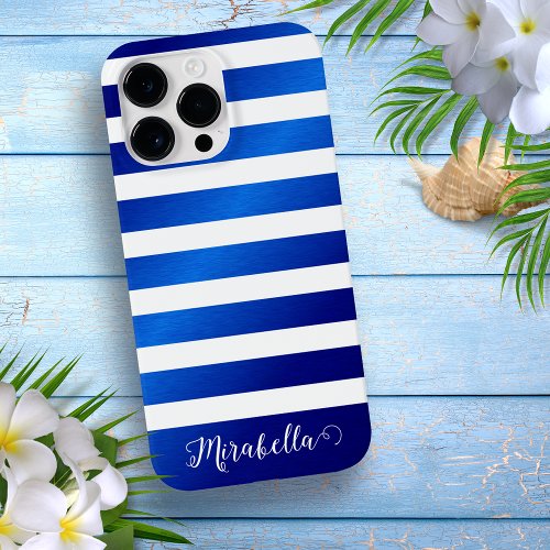 Elegant Monogram Name Blue and White Stripes Case_Mate iPhone 14 Pro Max Case