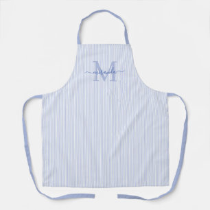 Elegant Monogram Name Blue Stripe Apron