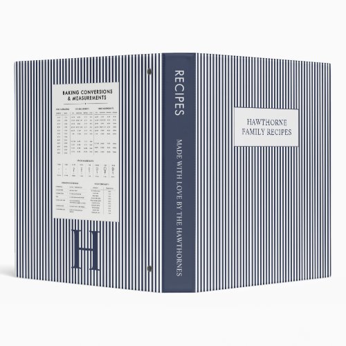 Elegant Monogram Name Blue Stripes Recipe 3 Ring Binder