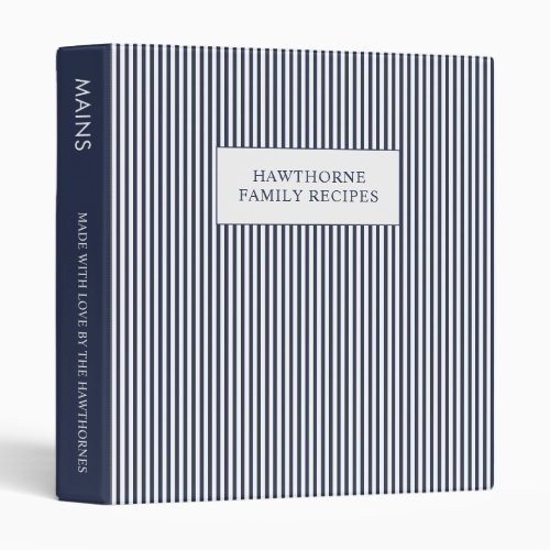 Elegant Monogram Name Blue Stripes Recipe 3 Ring Binder