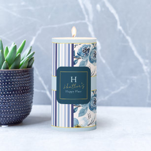 Elegant Monogram Name Blue White Rose Stripe Pillar Candle