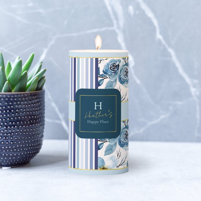 Elegant Monogram Name Blue White Rose Stripe    Pillar Candle (Creator Uploaded)