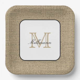 Elegant Monogram Name Chic Farmhouse Style Burlap Paper Plates