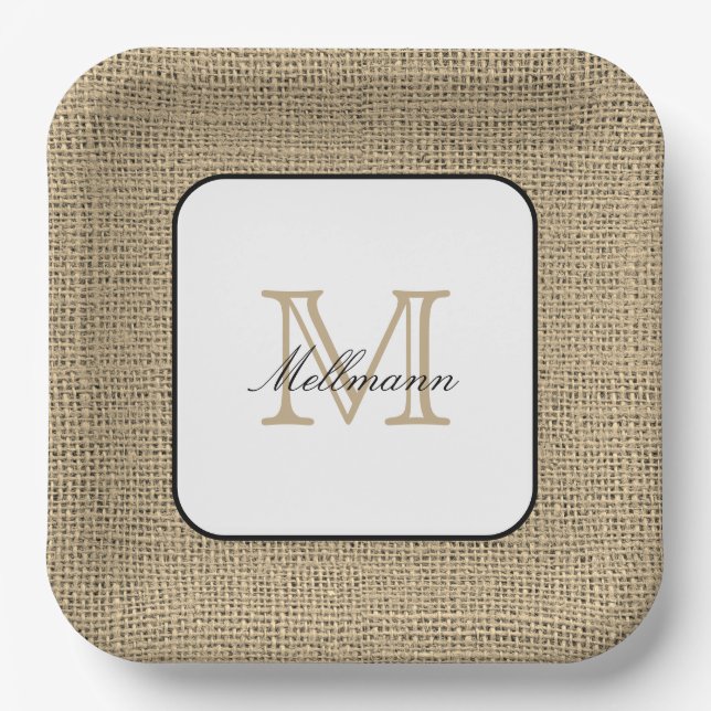 Elegant Monogram Name Chic Farmhouse Style Burlap Paper Plates (Front)