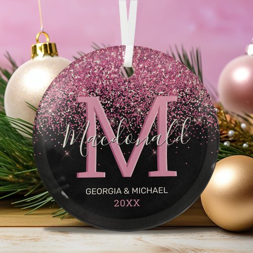 Elegant Monogram Name Christmas Glass Ornament