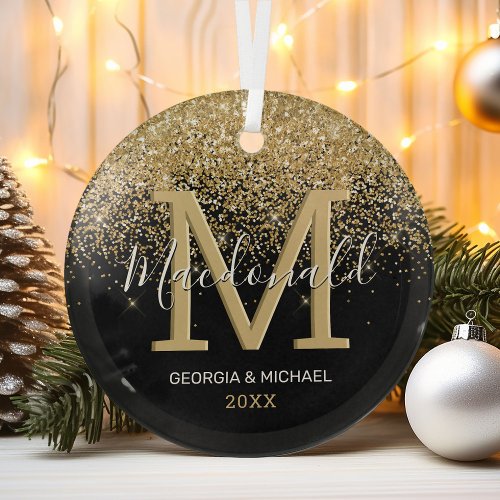 Elegant Monogram Name Christmas Glass Ornament