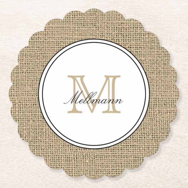 Elegant Monogram Name Country Chic Style Burlap Paper Coaster (Front)