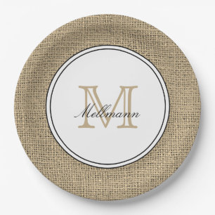 Elegant Monogram Name Country Chic Style Burlap Paper Plates
