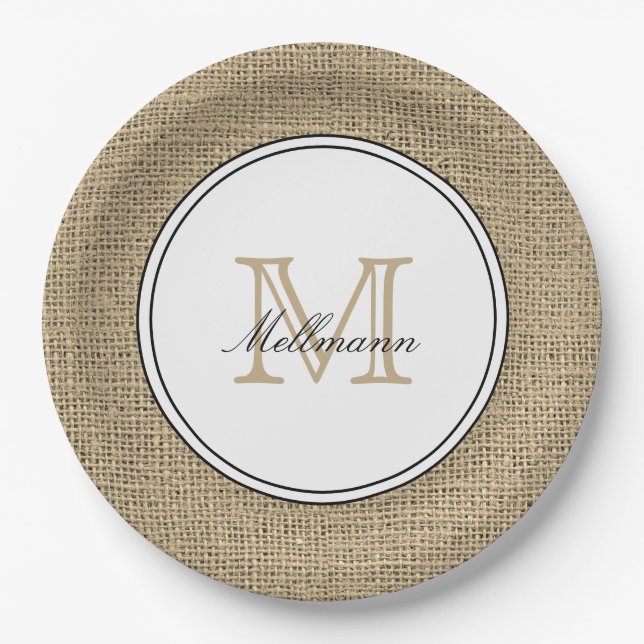 Elegant Monogram Name Country Chic Style Burlap Paper Plates (Front)