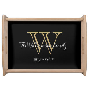 Elegant Monogram & Name-Date Gold White and Black Serving Tray