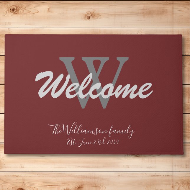 Elegant Monogram & Name/Date Newlywed Welcome  Doormat (Front door welcome mat. Elegant burgundy monogramed doormat. The perfect wedding/housewarming gift. )