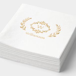 Elegant Monogram Name Fancy Wreath White Gold Foil Napkins