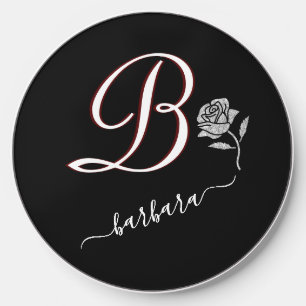 Elegant Monogram Name Floral Black Glitter   Wireless Charger