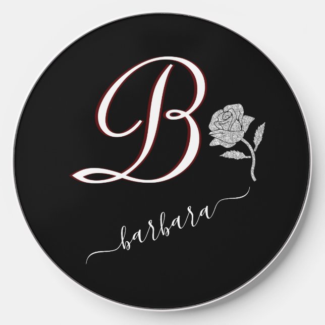 Elegant Monogram Name Floral Black Glitter   Wireless Charger (Front)