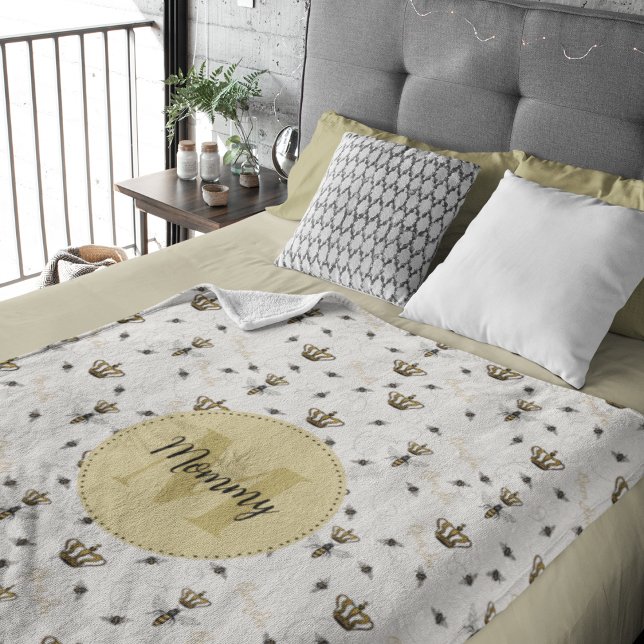 Elegant Monogram & Name Gold Crown & Queen Bee Sherpa Blanket (Elegant Queen Bee & Gold Crown, Buzzing Honeybees & "Queen Bee" Typography, Hand-Drawn in Black Ink.)