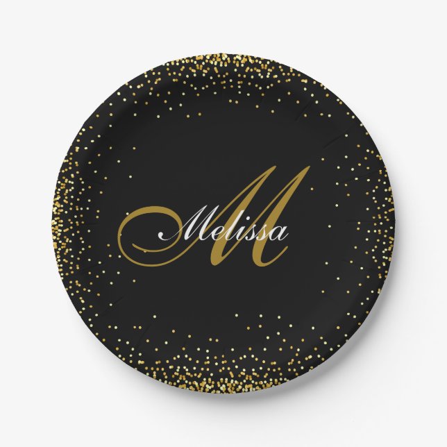 elegant monogram name gold glitter black paper plates (Front)