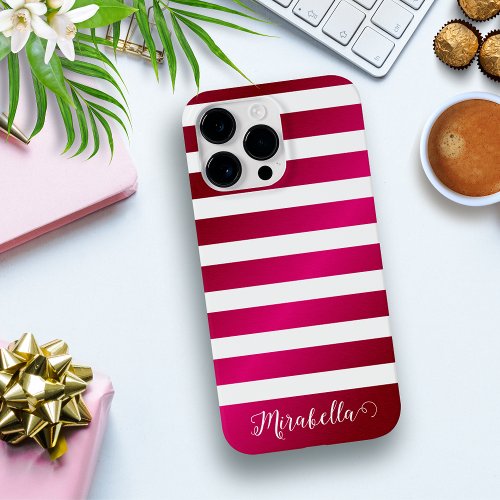 Elegant Monogram Name Hot Pink and White Stripes Case_Mate iPhone 14 Pro Max Case