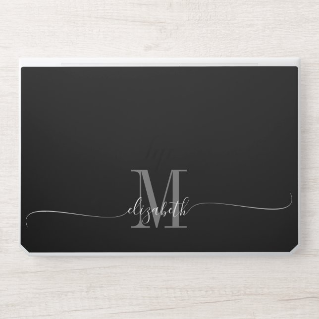 Elegant Monogram Name Initial Black HP Laptop Skin (Front)