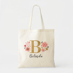 Elegant Monogram Name Initial Gold Floral Tote Bag
