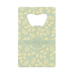 Elegant Monogram Name Leaf Daisy Pastel Green Credit Card Bottle Opener