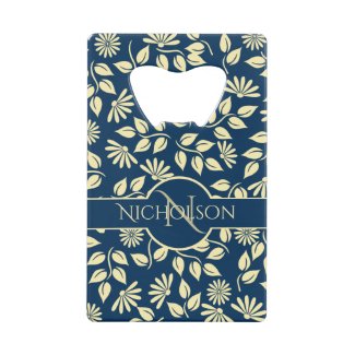 Elegant Monogram Name  Leaf Daisy Pattern Blue