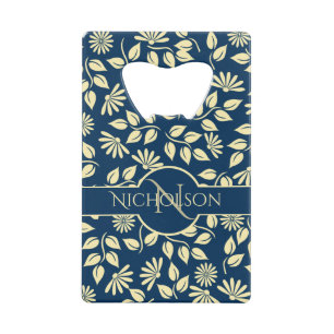 Elegant Monogram Name Leaf Daisy Pattern Blue Credit Card Bottle Opener
