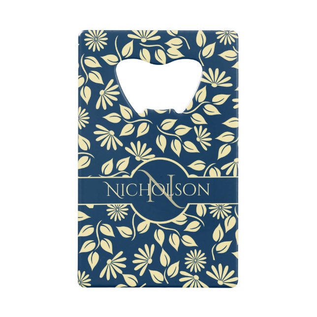 Elegant Monogram Name  Leaf Daisy Pattern Blue Credit Card Bottle Opener (Front)