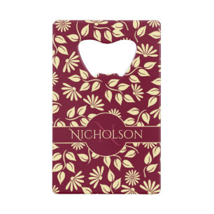 Elegant Monogram Name Leaf Daisy Pattern Burgundy Credit Card Bottle Opener
