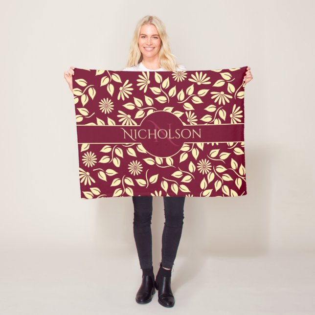 Elegant Monogram Name  Leaf Daisy Pattern Burgundy Fleece Blanket (In Situ)